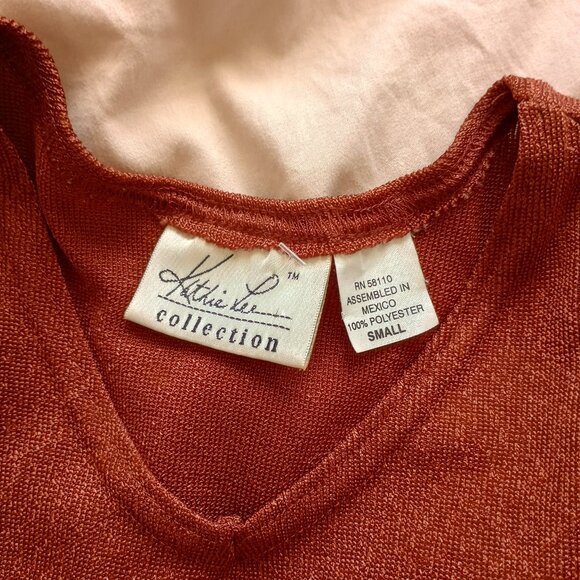 Preppy 90s Minimalist Brown Tee Rust Brown Metallic Shimmer Vintage Knit Tee - Picture 2 of 5